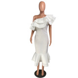 White One Shoulder Ruffle Prom Dress