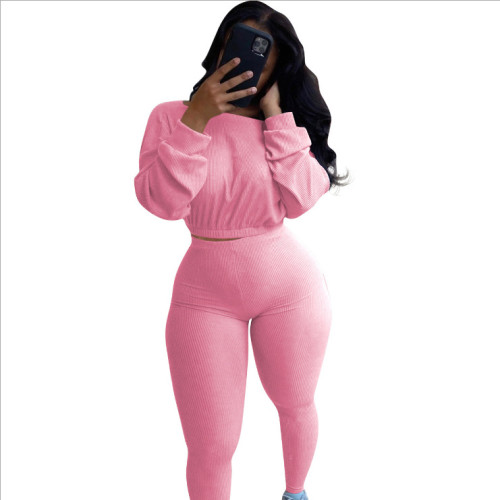 Ribbed Pink Two Piece Pants Set