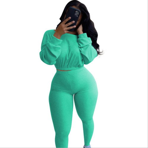 Ribbed Green Two Piece Pants Set