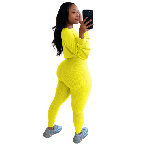 Ribbed Yellow Two Piece Pants Set