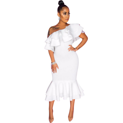 White One Shoulder Ruffle Prom Dress