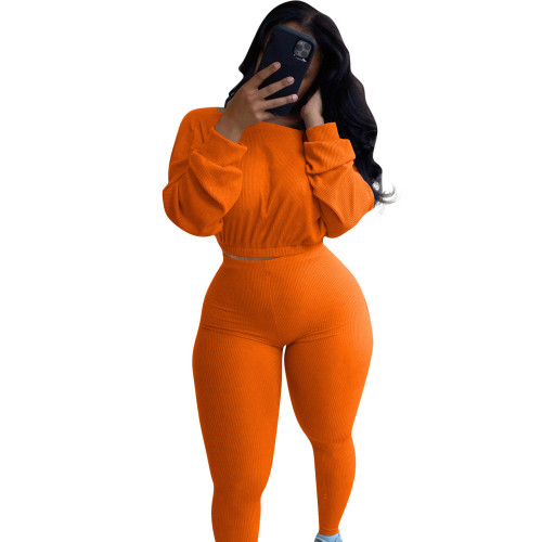 Ribbed Orange Two Piece Pants Set