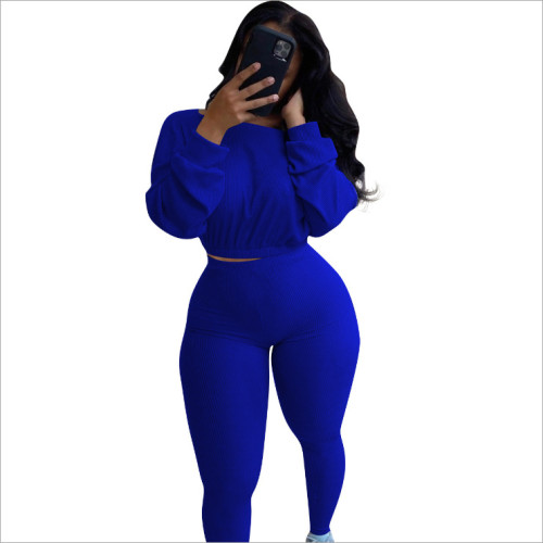 Ribbed Blue Two Piece Pants Set