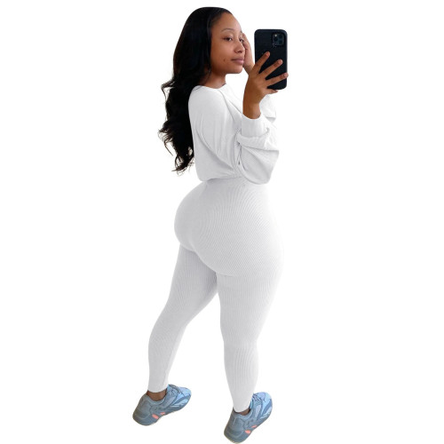 Ribbed White Two Piece Pants Set