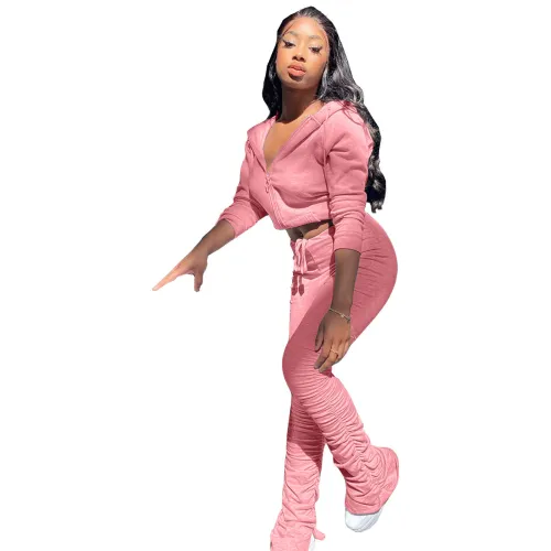 Pink Zipper Hoodie and Ruched Pants Tracksuit