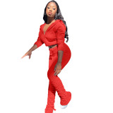 Red Zipper Hoodie and Ruched Pants Tracksuit