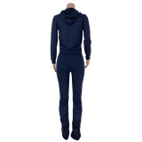 Navy Blue Zipper Hoodie and Ruched Pants Tracksuit