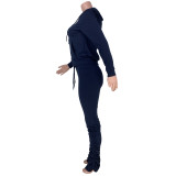 Navy Blue Zipper Hoodie and Ruched Pants Tracksuit