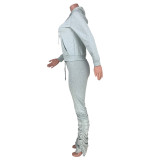 Gray Zipper Hoodie and Ruched Pants Tracksuit
