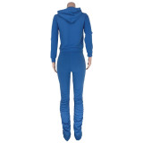 Blue Zipper Hoodie and Ruched Pants Tracksuit
