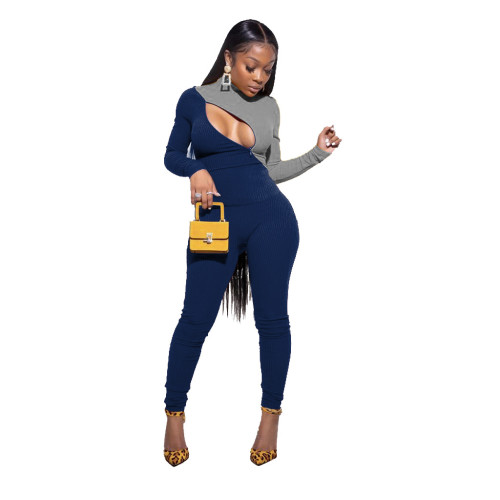Navy & Gray Zipper Across Bust Ribbed Tight Jumpsuit