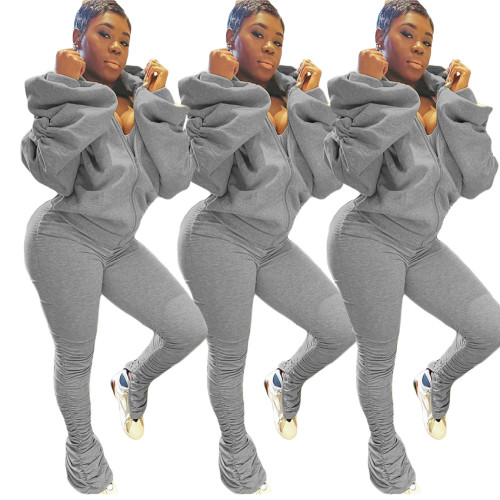 Gray Ruched Lantern Sleeve Backless Tracksuit