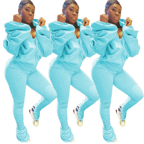 Blue Ruched Lantern Sleeve Backless Tracksuit