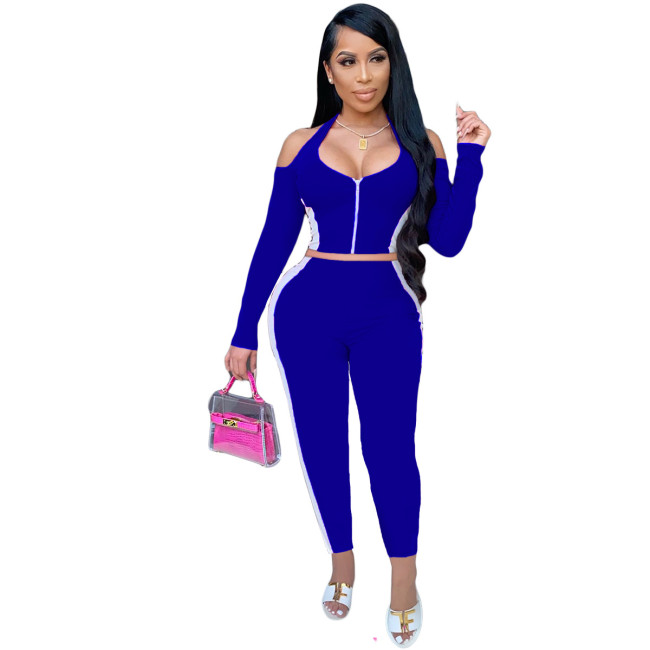 Blue Cold Shoulder Two Piece Set with Contrast Panel