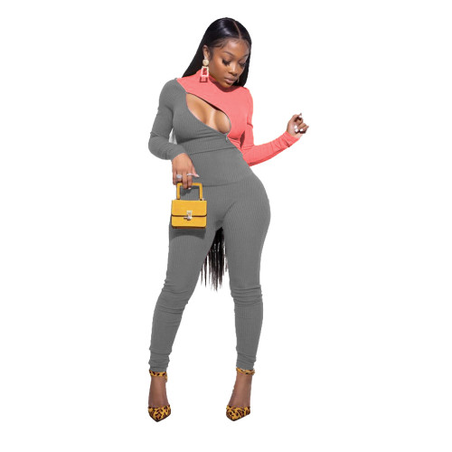 Gray & Pink Zipper Across Bust Ribbed Tight Jumpsuit