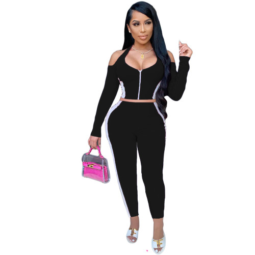Black Cold Shoulder Two Piece Set with Contrast Panel