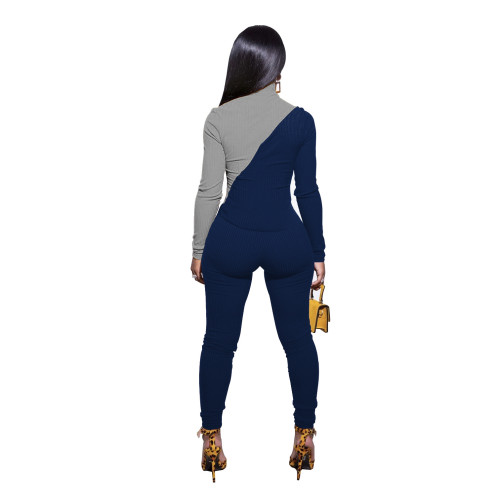 Navy & Gray Zipper Across Bust Ribbed Tight Jumpsuit