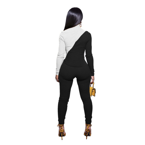 Black & White Zipper Across Bust Ribbed Tight Jumpsuit