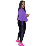 Contrast Purple Zipper Jacket and Tight Pants