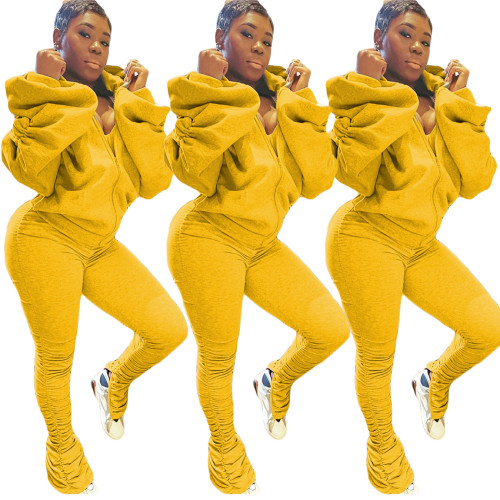 Yellow Ruched Lantern Sleeve Backless Tracksuit