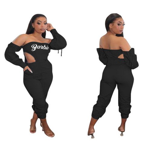 Black Letter Print Off Shoulder Cut Out Jumpsuit