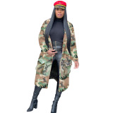 Camo Green Long Coat with Patch Pocket