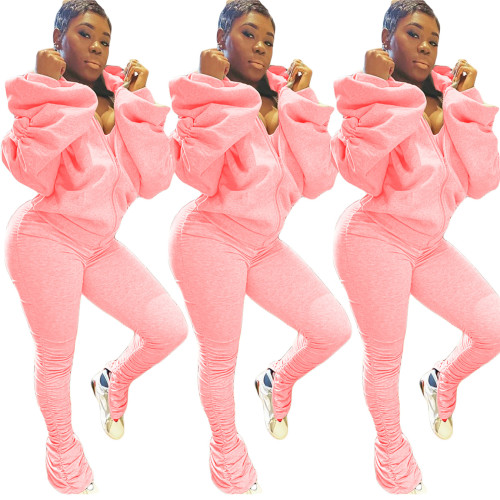 Pink Ruched Lantern Sleeve Backless Tracksuit