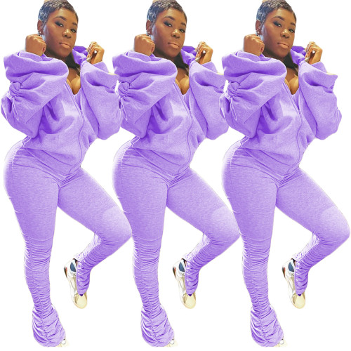 Purple Ruched Lantern Sleeve Backless Tracksuit