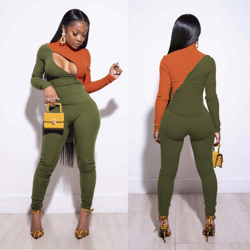 Colorblock Army Green Zipper Across Bust Ribbed Tight Jumpsuit