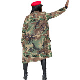Camo Green Long Coat with Patch Pocket