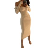 Beige V Neck Rib Knit Midi Dress