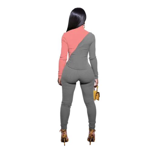 Gray & Pink Zipper Across Bust Ribbed Tight Jumpsuit