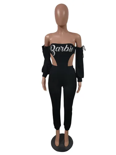 Black Letter Print Off Shoulder Cut Out Jumpsuit