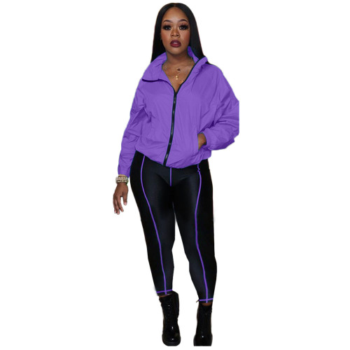 Contrast Purple Zipper Jacket and Tight Pants