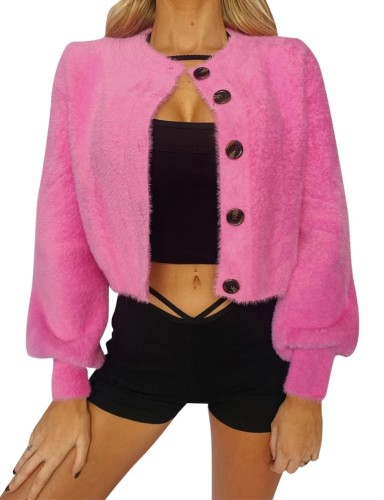 Pink Short Plush Coat with Pop Sleeves