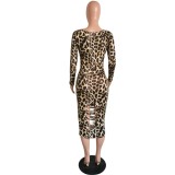 New Leopard Print Long  Dress with Full Sleeves