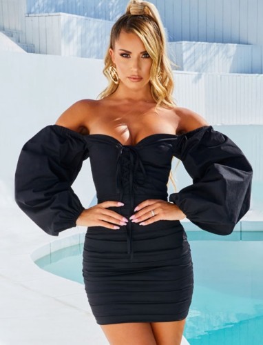 Black Lace Up Strapless Mini Dress with Puff Sleeve