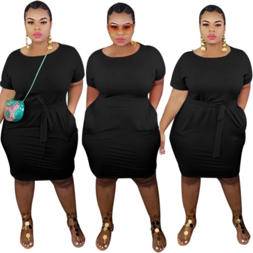 Plus Size Solid Belted Bodycon Dress