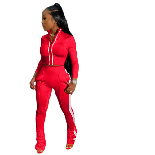 Contrast Stripes Red Casual Sweatsuits