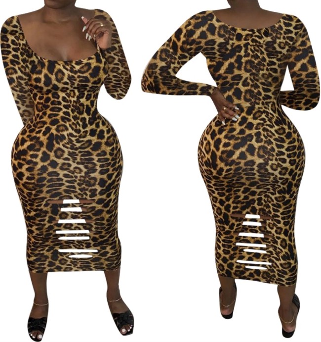 New Leopard Print Long  Dress with Full Sleeves