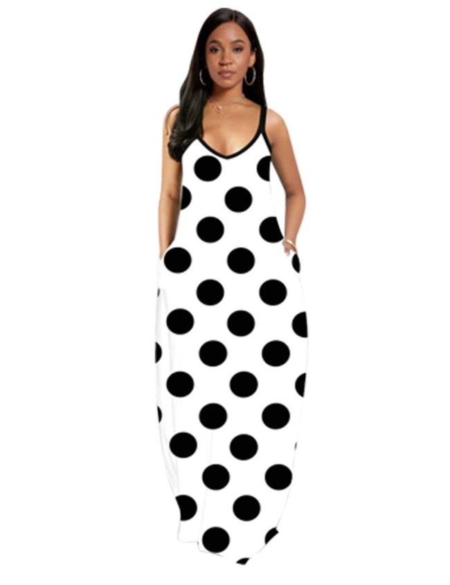 White and Black Dot  Long Maxi Dress