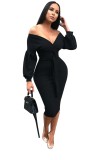 Sexy Black Deep-V Bodycon Dress with Pop Sleeves