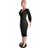 Sexy Black Deep-V Bodycon Dress with Pop Sleeves