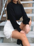 Knitted Plain Crop Top with Pop Sleeves