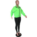 Contrast Green Zipper Jacket and Tight Pants