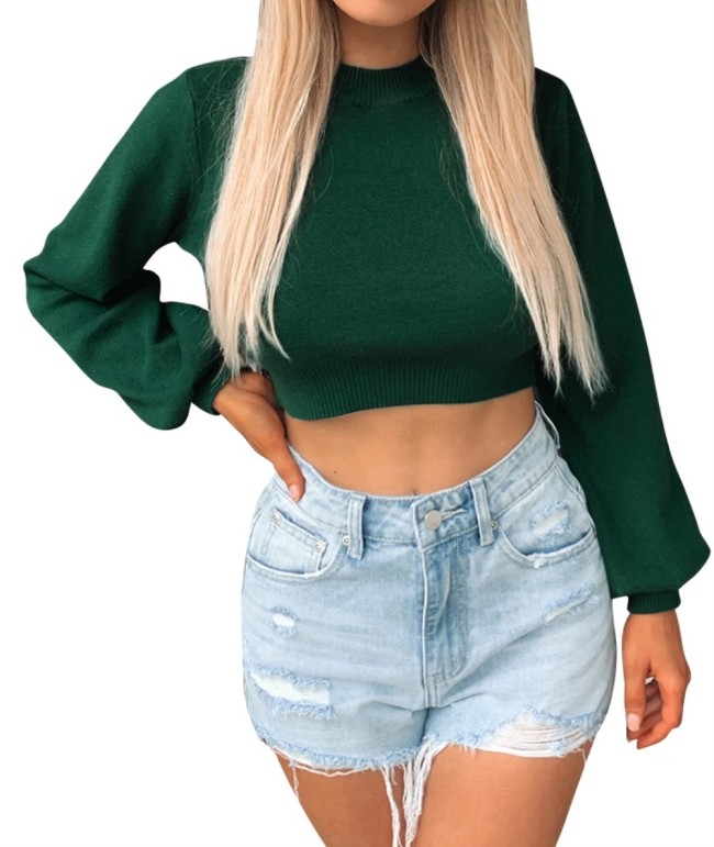 New Knitted Plain Crop Top with Pop Sleeves