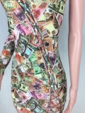 New Dollar Print Sexy Lace Up Mini Dress