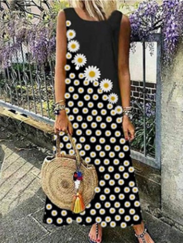 Daisy Print Sleeveless Long Casual Dress