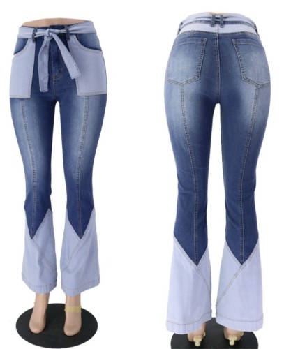 Patchwork Belted Flare Jeans