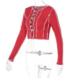 Red Lace Up Long Sleeve Sexy Crop Top